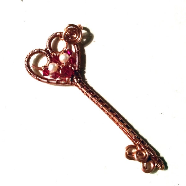 Made to Order Skeleton Key Pendant with Freshwater Pearls and Swarovski Crystal Wire Wrapped Jewelry Handmade Steampunk