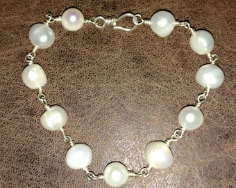 Beautiful White Freshwater Pearls and Sterling Silver Bracelet Wire Wrapped Jewelry Handmade Jewelry