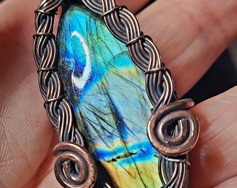 Rainbow Labradorite Dragon Eye and Oxidized Copper Wire Wrapped Pendant Necklace by C Paul Designs
