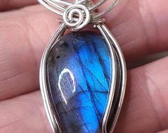 Labradorite Sterling Silver Pendant Necklace Wire Wrapped Jewelry Handmade C Paul Designs