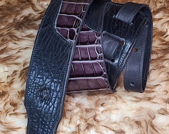 Gun Metal on Black Alligator Leather Guitar Strap Acoustin Electric Bass Made to Order By C Paul Designs