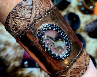 Rock Star Brown Gator Copper Leather Cuff Bracelet with Turkish Stick Agate Cabochon by C Paul Designs For Women