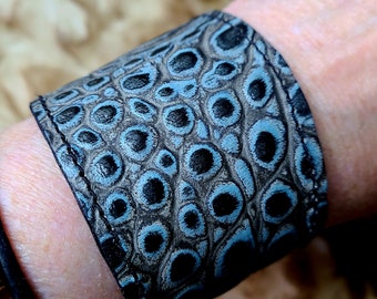 Rock Star Leather Cuff Bracelet in Blue Gator Embossed Leather by C Paul Designs