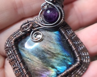 Rainbow Labradorite and Oxidized Copper Wire Wrapped Pendant Necklace by C Paul Designs