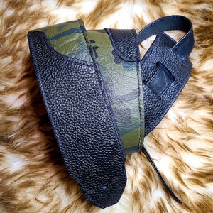 Green Camo and Black Leather Guitar Strap Acoustin Electric Bass Made to Order By C Paul Designs