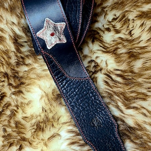 Black Leather Guitar Strap with Hair-on Stars, Red Swarovski Crystals and Red Stitching Acoustin Electric Bass Made to Order