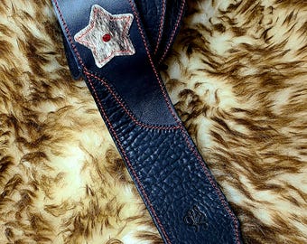 Black Leather Guitar Strap with Hair-on Stars, Red Swarovski Crystals and Red Stitching Acoustin Electric Bass Made to Order