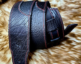 Black on Black Alligator Leather Guitar Strap with Red Stitching Acoustin Electric Bass Made to Order