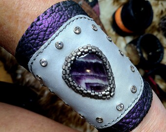 Rock Star Purple/Silver Leather Cuff Bracelet with Chevron Amethyst Cabochon and Swarovski Crystal Studs by C Paul Designs For Women