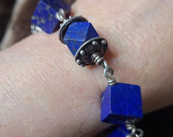 Beautiful Blue Lapis Lazuli Cube and Sterling Silver Bracelet Wire Wrapped Jewelry Handmade Jewelry C Paul Designs
