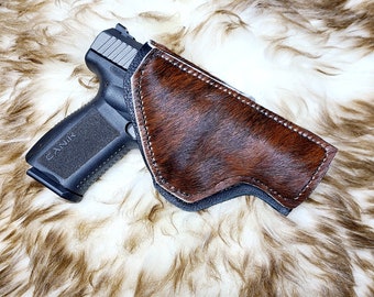 Custom Hair-on Leather 9mm Gun Holster by C Paul Designs. Made to order.