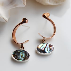 Handcrafted Abalone Shell Drop Earrings with Copper Swirls | Artisan Statement Jewelry | Unique Gift for Her | Paua Shell Jewelry | Silver