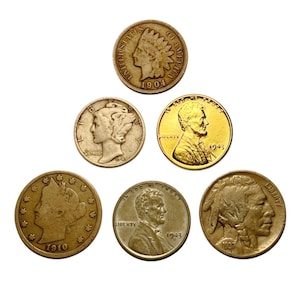 Silver & Gold Coin Collection, 1 gold coin, 1 silver coin, WWII coins, buffalo nickel, V nickel and Indian Head cent over 100 years old