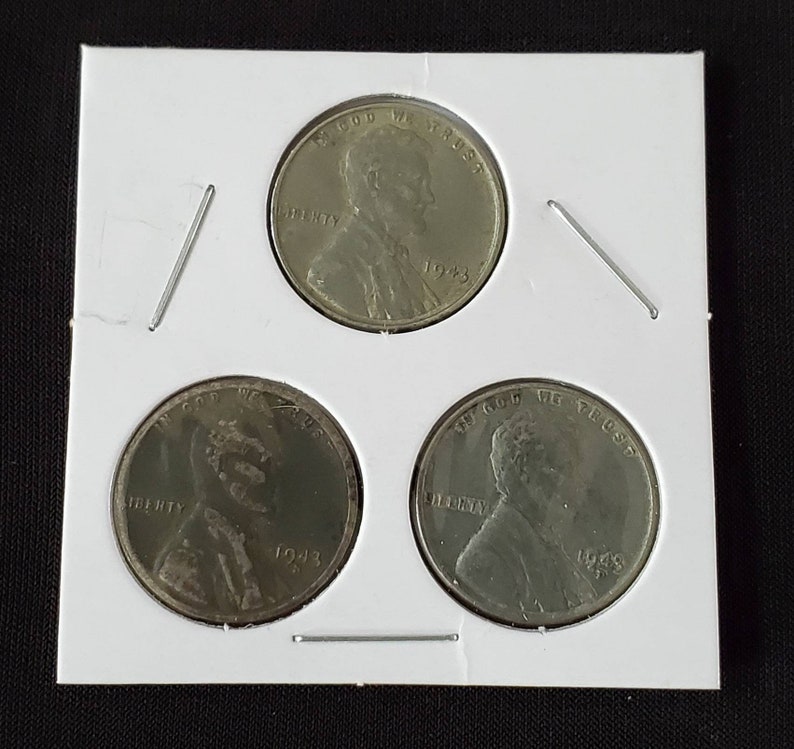 Complete Set 1943 World War 2 Steel Wheat Pennies / All 3 Mints P,D,S / WWII / WW2 / Old Coins / Rare Coins image 3