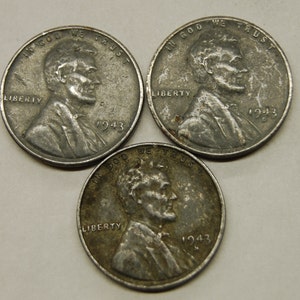 Complete Set 1943 World War 2 Steel Wheat Pennies / All 3 Mints P,D,S / WWII / WW2 / Old Coins / Rare Coins image 1