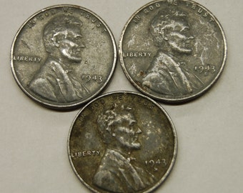 Complete Set 1943 World War 2 Steel Wheat Pennies / All 3 Mints (P,D,S) / WWII / WW2 / Old Coins / Rare Coins