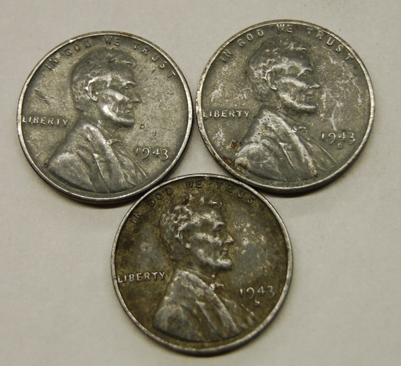 Complete Set 1943 World War 2 Steel Wheat Pennies / All 3 Mints P,D,S / WWII / WW2 / Old Coins / Rare Coins image 1