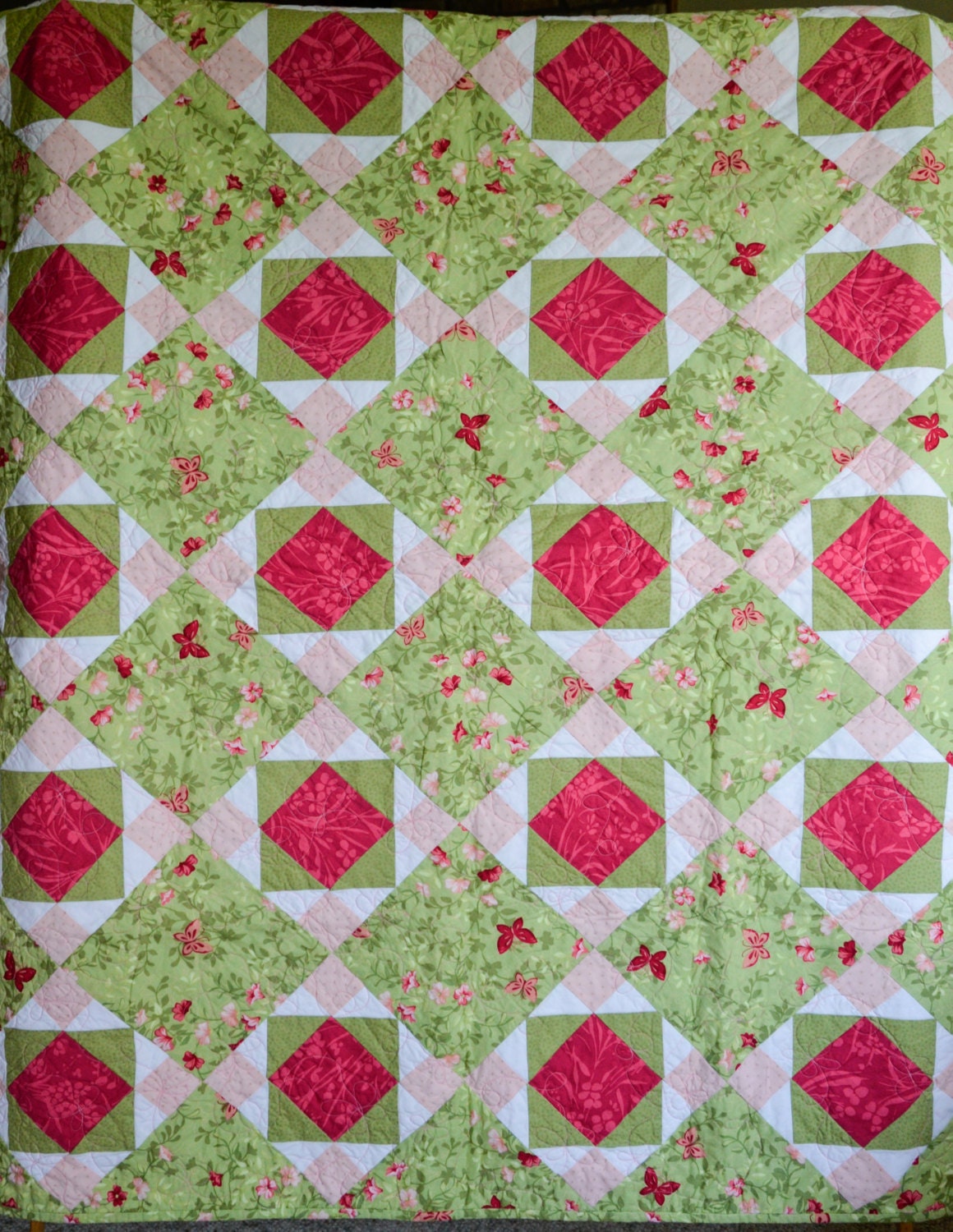 Spring colored quilt girl's quilt, rose and green quilt, butterflies