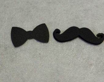 50- 2 inch mustaches and bowties- Hand punched diecut/ confetti/ cupcake topper embellishment/ little man theme/ baby shower/ gender reveal