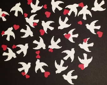 150 red hearts and doves- Hand punched confetti