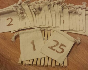 Muslin bag advent calendar kit. 25 3.5x5 bags and clothespins. Gold glitter. Holiday countdown.