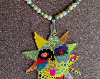 RaNdOmNeZ Studio roze, gele en olijfgroene ketting met zonnehanger