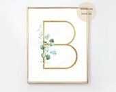 Gold Botanical Monogram Nursery Art, Printable Gold Inital Art, Boho Eucalyptus Wall Art, Eucalyptus Monogram Print, Wedding Initial Print
