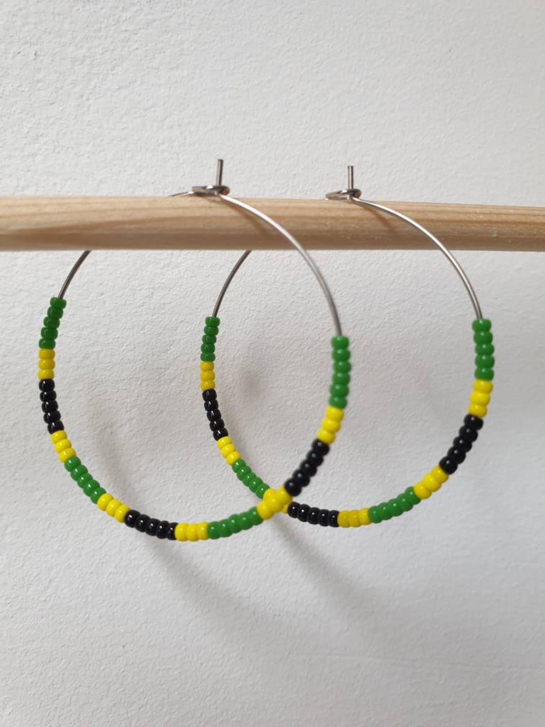 Jamaican Earrings, Beaded Jamaican Flag Hoop Earrings, Stainless Steel