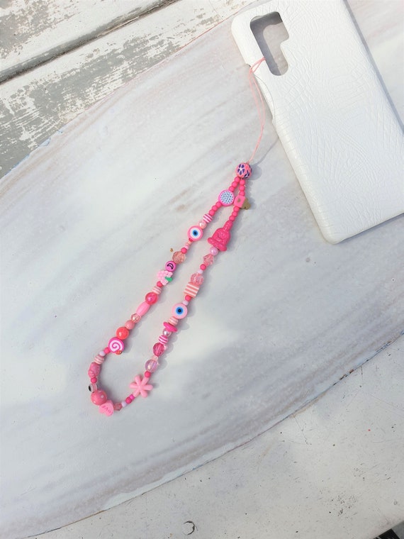 Cute Phone Charm, Pink Phone Charm With Beads, Cell Phone Charm With Beads,  Beaded Phone String, Beaded Phone Strap, Phone Case Charm 