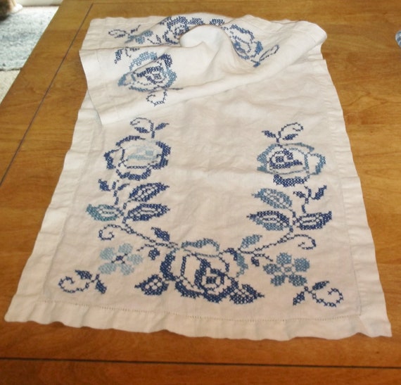 Blue And White Cross Stitch Embroidered Linen Dresser Scarf Or Etsy
