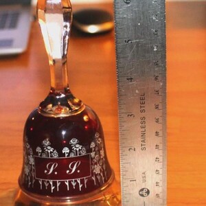 Ruby Red-Stained and Clear Art Glass Bell with Hand-Painted Floral Motif & Initials Vintage Glassware