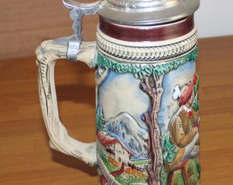 Vintage C. Beyer German Beer Stein 1987 Hand-Painted Westerwald Clay Pewter Lid 9"