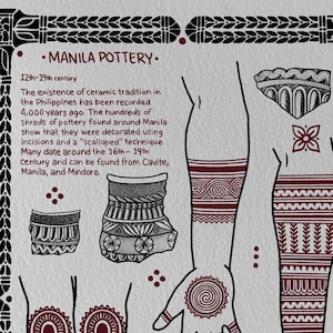 May include: A black and white illustration of pottery and tattoo designs from the Philippines. The text reads "Manila Pottery. 12th-19th century. The existence of ceramic tradition in the Philippines has been recorded 4,000 years ago. The hundreds of shreds of pottery found around Manila show that they were decorated using incisions and a "scalloped" technique. Many date around the 16th-19th century and can be found from Cavite, Manila, and Mindoro."