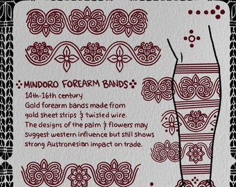 May include: A black and white illustration of a forearm with intricate gold bands. The bands are made of twisted wire and feature floral and palm designs. The text reads "MINDORO FOREARM BANDS 14th-16th century Gold forearm bands made from gold sheet strips & twisted wire. The designs of the palm & flowers may suggest western influence but still shows strong Austronesian impact on trade."