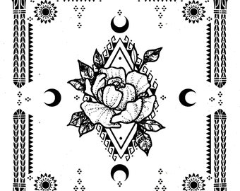 Peony Moon Floral Original Illustration Tatak Digital Print DIGITAL DOWNLOAD, Parchment & Black and White | tatakbyayla digital prints
