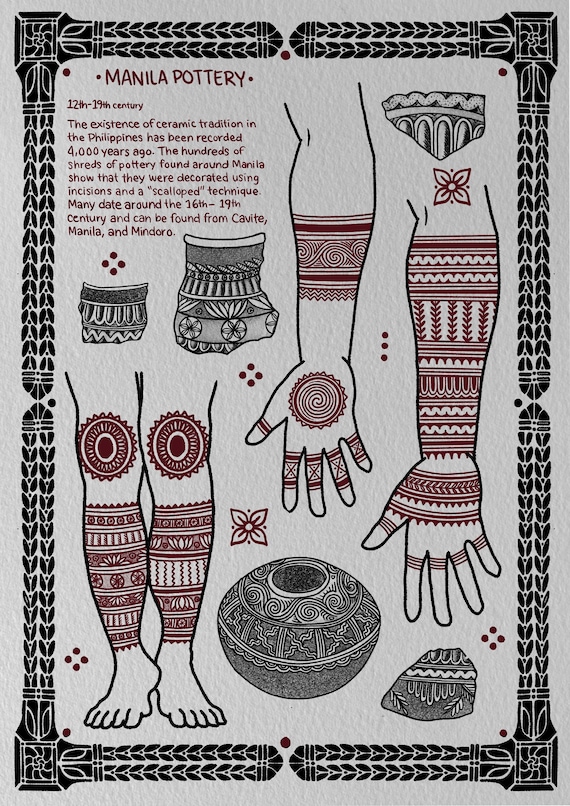Digital Print Pair: Makati Manila Pottery,2 Original Sheets, Tatakbyayla Tattoo Design Illustration, Inspired by Archaeological Finds