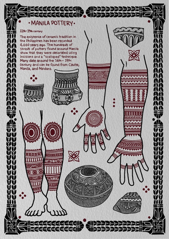 Digital Print Pair: Makati Manila Pottery,2 Original Sheets, Tatakbyayla Tattoo Design Illustration, Inspired by Archaeological Finds