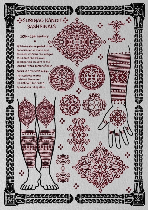 Digital Print Pair: Surigao Kandit Sash Finals, 2 Original Sheets, Tatakbyayla Tattoo Design Illustration, Inspired by Archaeological Finds
