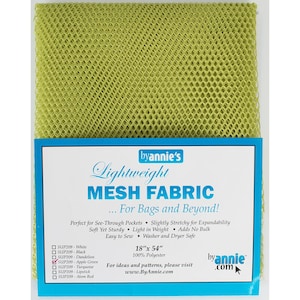 May include: A green mesh fabric with a label that reads "Lightweight Mesh Fabric... For Bags and Beyond!" The label also includes details about the fabric, such as its size (18" x 54"), material (100% Polyester), and features. The label also includes the website address www.ByAnnie.com.