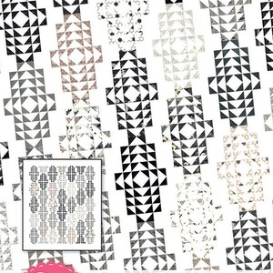May include: A quilt pattern called "Lantern Lights" with a black and white geometric design. The pattern is designed by Jocelyn Ueng and is available in sizes for a table runner and a lap quilt.
