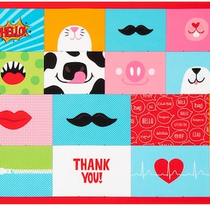 May include: A fabric panel with a red border features colorful squares with cartoon faces, mustaches, and speech bubbles. Text includes "SAFETY FIRST", "HELLO", "THANK YOU!", and "XOXO!". Instructions for making a mask are on the left.