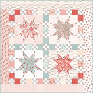 May include: A patchwork quilt with a floral star pattern. The quilt features four large star designs in shades of red, pink, and blue, set against a white and light pink background. The border is a floral print.