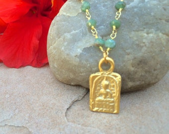 Buddha Pendant, Green Chrysoprase Gemstone, Happiness and Peace Inspiration Necklace, Intention Gemstone Necklace