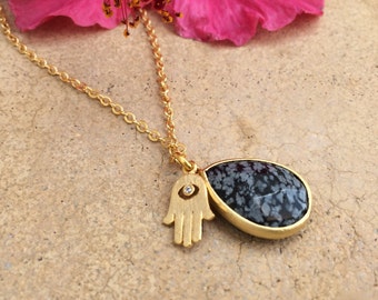 Clarity and Protection, Gorgeous Snowflake Obsidian Gemstone and Hamsa Intention Necklace brings Clear Thinking and Protection