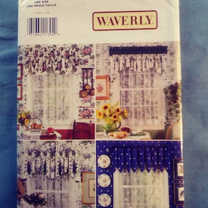 May include: A sewing pattern for curtains featuring four different designs. The pattern is for a single size and is from the brand Butterick. The pattern is called Waverly.