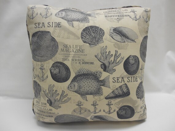 Beach Themed Pillows In Beige Background With Navy And Grey Beach Themed Pillows In Beige, Beach Themed Outdoor Fabric