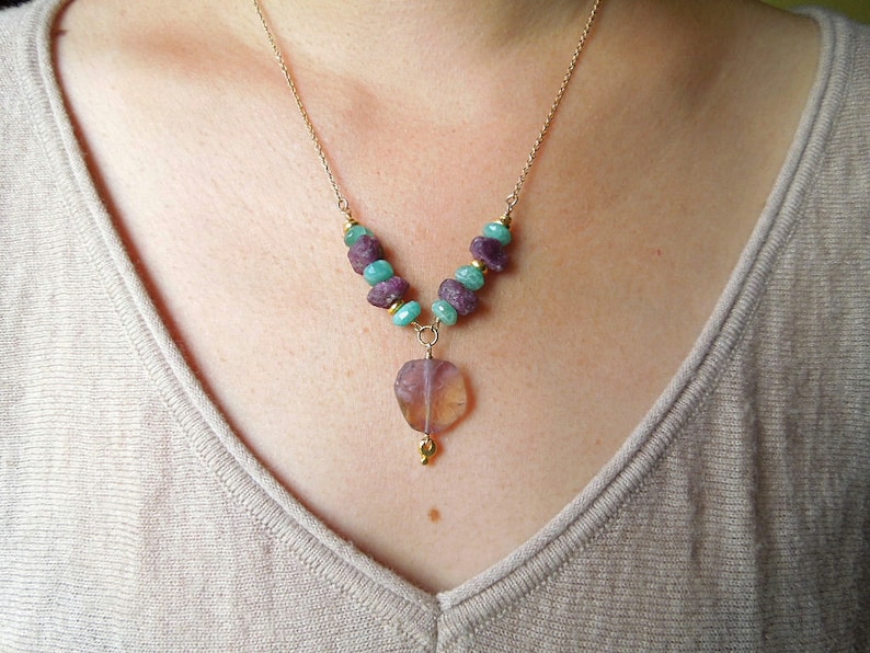 Gemstone necklace for women. Rough natural ametrine pendant with plum pink tourmaline and blue peruvian opal 14k gold-filled jewellery