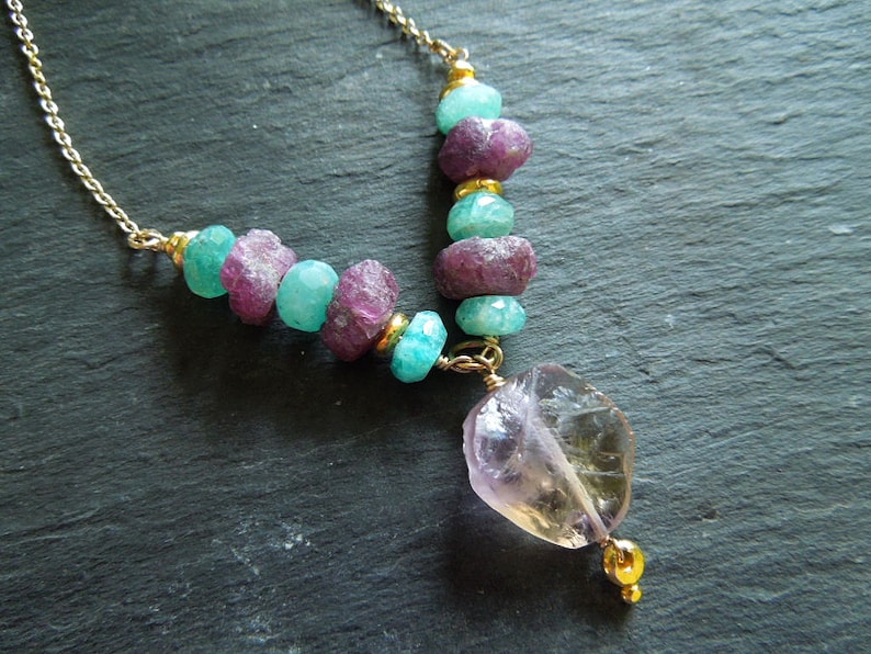 Gemstone necklace for women. Rough natural ametrine pendant with plum pink tourmaline and blue peruvian opal 14k gold-filled jewellery