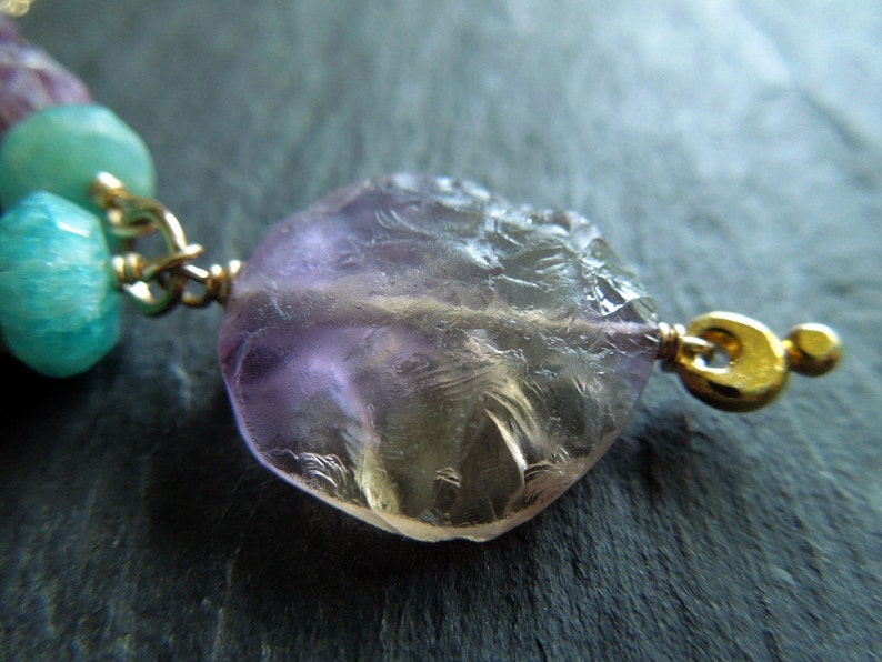 Gemstone necklace for women. Rough natural ametrine pendant with plum pink tourmaline and blue peruvian opal 14k gold-filled jewellery