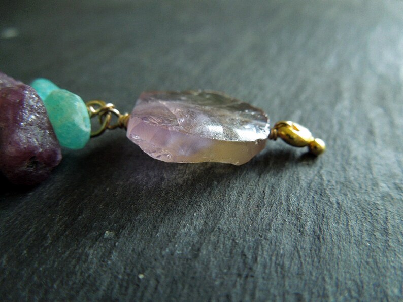 Gemstone necklace for women. Rough natural ametrine pendant with plum pink tourmaline and blue peruvian opal 14k gold-filled jewellery